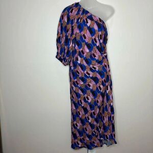 ZARA GEOMETRIC PRINT LIMITED EDITION Blue Pink DRESS Small one shoulder NWT